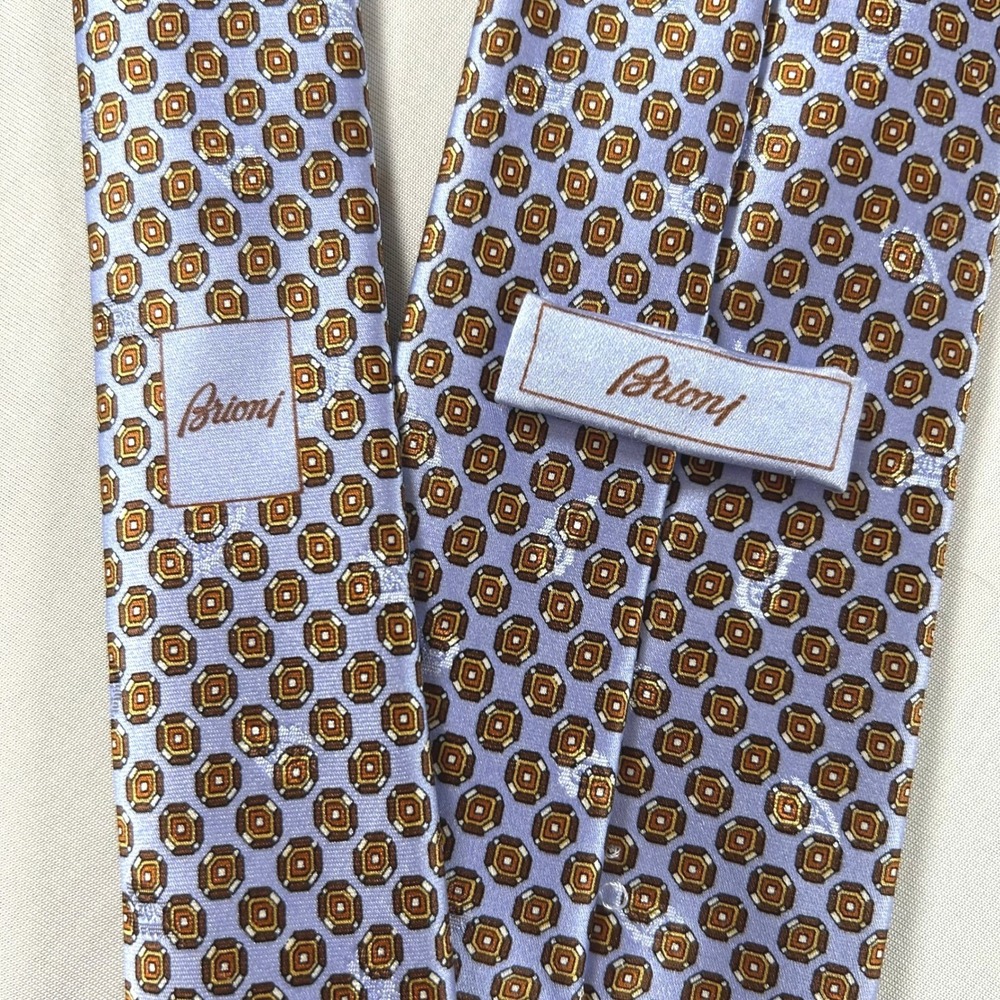 Brioni Tie 100% Silk Blue Brown Geo Medallion Handmade Italy 62x3.25" Luxury